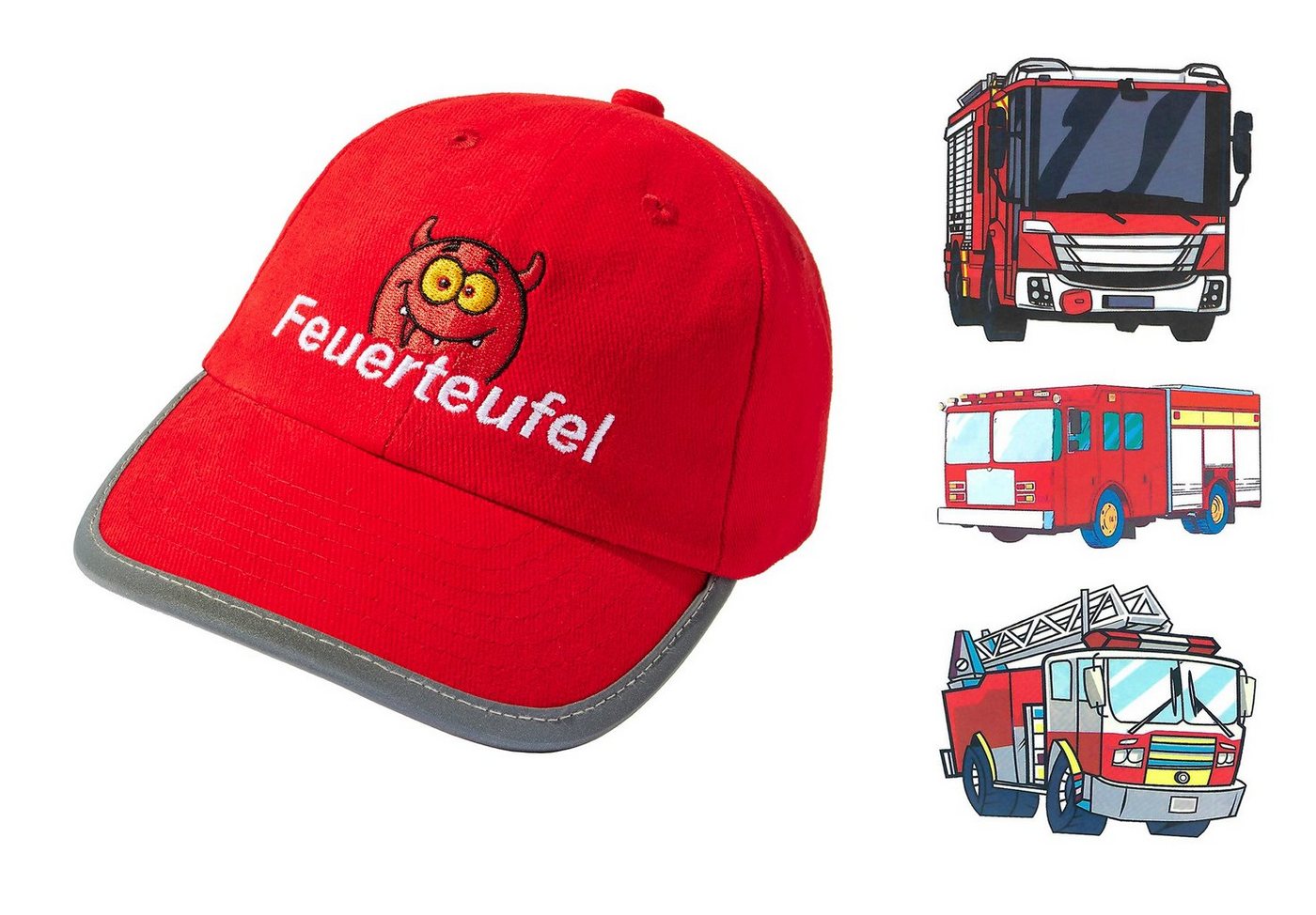 Baddery Baseball Cap Reflektoren Kappe Kinder - Feuerteufel (inkl. 3 Feuerwehrauto Sticker), Stick, One Size Einheitsgröße, Klett-Verschluss von Baddery