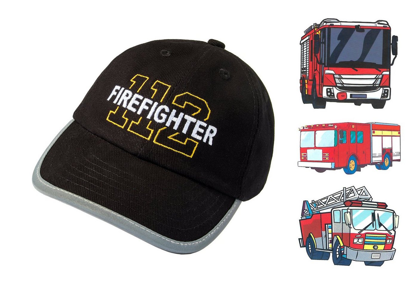 Baddery Baseball Cap Reflektoren Kappe Kinder - Firefighter (inkl. 3 Feuerwehrauto Sticker), Stick, One Size Einheitsgröße, Klett-Verschluss von Baddery