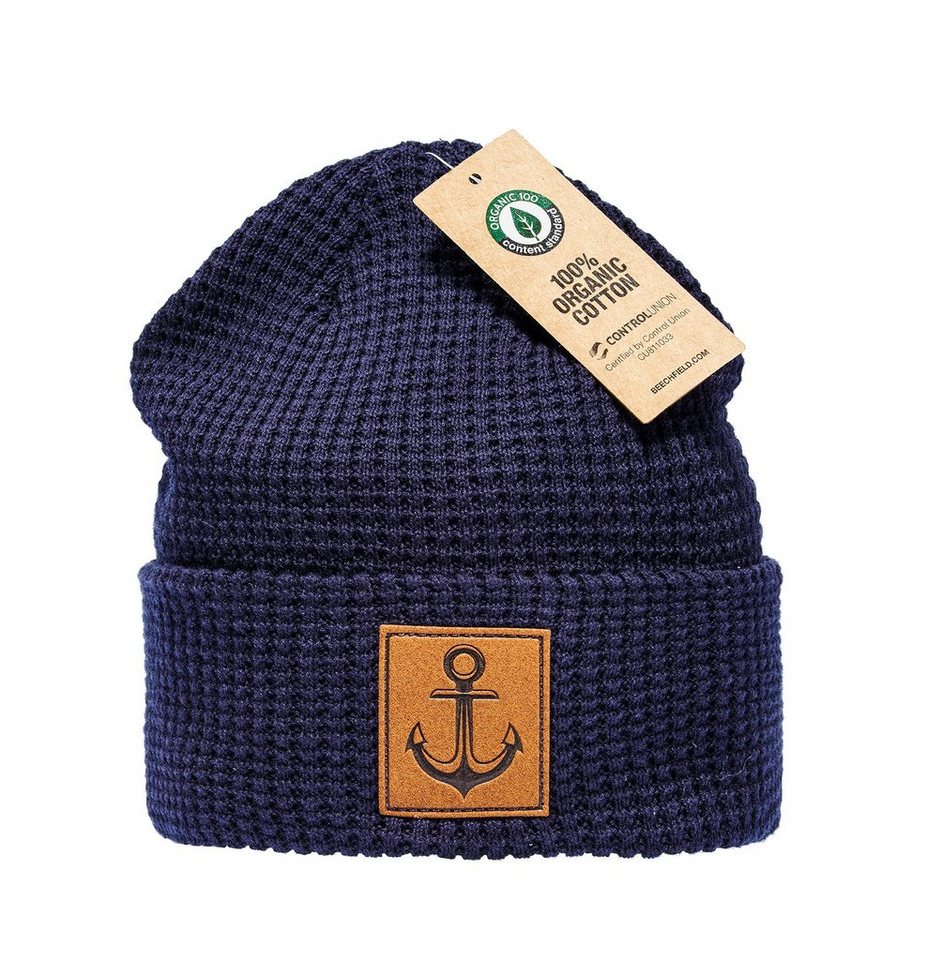 Baddery Beanie Organic Cotton Strickmütze : Anker mit Leder Patch - Bio Baumwolle, hochwertiger Strick, 100% Bio-Baumwolle, Stick-Motiv, One Size von Baddery