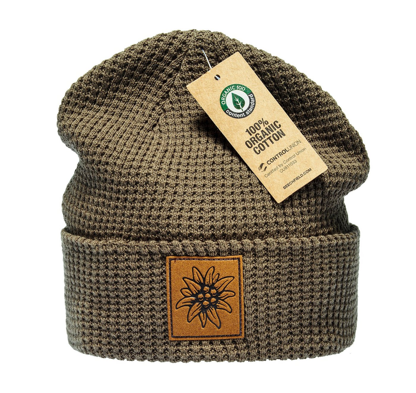 Baddery Beanie Organic Cotton Strickmütze: Edelweiß mit Leder Patch - Bio Baumwolle, hochwertiger Strick, 100% Bio-Baumwolle, Stick-Motiv, One Size von Baddery