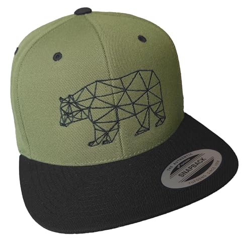 Baddery Cap Flexfit Snapback : Polygon Bär - Mütze für Jäger - Wald Forest Natur Nature Bear Jagd Braunbär Eisbär Grizzlybär - Kappe Herren & Damen (Olive-Black) von Baddery