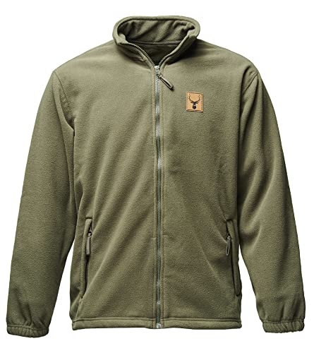 Baddery Fleecejacke Herren - Hirsch (Leder-Patch) Jägerjacke - Jagdjacke Männer - Geschenk für Jäger - Kleidung Jagd Zubehör (Fleecejacke Army XXL) von Baddery