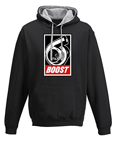 Baddery Petrolhead: Boost - Geschenk für Autoliebhaber - Hoodie für alle Tuning-, Drift-, und Motorsport Fan , Schwarz / Grau, L von Baddery