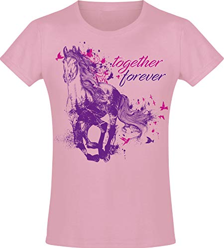 Baddery Pferde T-Shirt Mädchen - Together Forever - Pferd Tshirt - Reiterin Geschenk Reitbekleidung Kinder (Light Pink 164) von Baddery