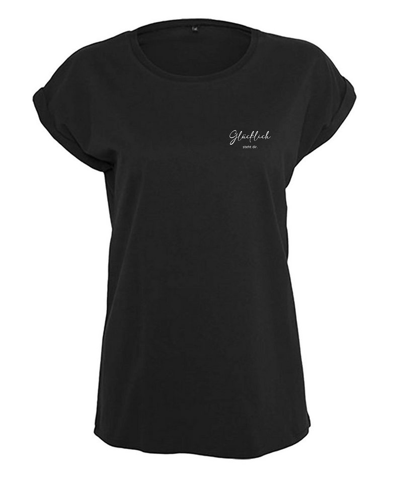 Baddery Print-Shirt Damen T-Shirt : Glücklich steht dir - Funshirts für Frauen (Loose Fit), hochwertiger Siebdruck, auch Übergrößen, aus Baumwolle von Baddery