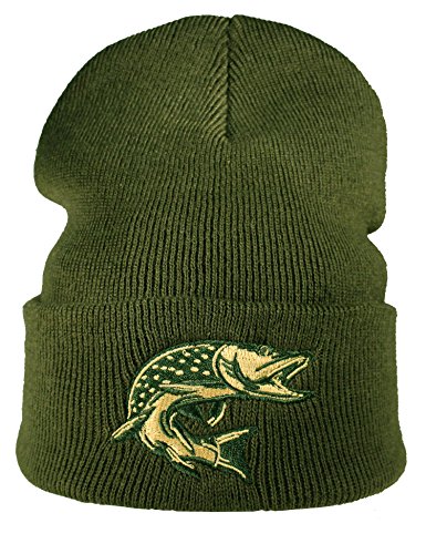 Baddery Strickmütze: Hecht Fisch - Angler Fischer Wald - Wollmütze/Wintermütze/Rollmütze/Long Beanie/Mütze/Seemannsmütze/Unisex Herren Damen/Cool Design Logo Bestickt/Hip Hop, Moos Grün, Einheitsgröße von Baddery