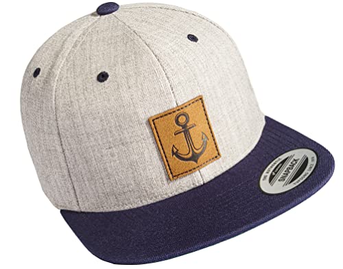 Baddery Cap Flexfit Snapback : Anker (Leder-Patch) - Kappe Herren & Damen Kapitänsmütze (Grau-Blau) von Baddery