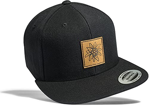 Outdoor Cap Herren : Edelweiß (Leder-Patch) - Basecap Herren & Damen - Kletter Ausrüstung Wander Zubehör (Schwarz - One Size) von Baddery