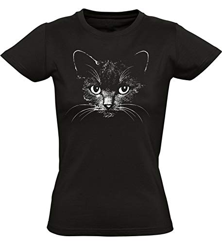 Damen T-Shirt: Katze - Tailliert - Cat - Geschenk für Frau-en - Schwarz - Kätzchen - MIAU - Mieze - Niedlich - Fun - Lustig - Streetwear - Sport - Slim Fit - Süß (L) von Baddery