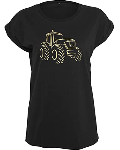 Damen Tshirt : Traktor - Geschenk für Traktorfahrerin - T-Shirt Trecker - Arbeitskleidung Landwirtin (Loose Fit Schwarz XXL) von Baddery