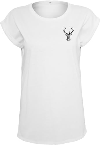 Baddery Freizeit Tshirt Damen - Hirschkopf - Geschenke für Jägerinnen - Jagd T-Shirt Frauen Jäger Kleidung - Party Outfit (Loose Fit Weiß M) von Baddery