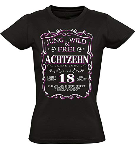 Geburtstagsgeschenk für Frauen : 18 Jahre Jung wild und frei - Damen Geschenk T-Shirt zum 18. Geburtstag - Tshirt für Beste Freundin Volljährigkeit (M) von Baddery