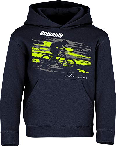 Kinder Pullover: Downhill Adrenaline - Hoodie Kapuzenpullover Pulli Fahrrad Geschenk-e Jungen & Mädchen - Radfahrer-in Mountain Bike MTB BMX Rad Outdoor Junge Kind Sport Geburtstag (Navy 140) von Baddery