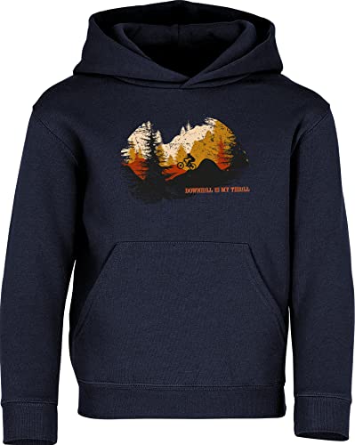 Baddery Kinder Pullover: Downhill is My Thrill - MTB Mountain-Bike - Hoodie Kapuzenpullover Pulli Fahrrad Geschenk Jungen & Mädchen (Navy 140) von Baddery