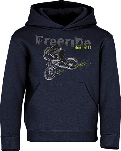 Kinder Pullover: Freeride Downhill - Hoodie Kapuzenpullover Pulli Fahrrad Geschenk-e Jungen & Mädchen - Radfahrer-in Mountain Bike MTB BMX Rad Outdoor Junge Kind Sport Geburtstag (Navy 128) von Baddery