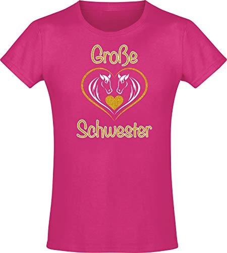 (A) Kinder Shirt: Große Schwester - T-Shirt für Mädchen - Geschenk - Geburtstag - Geschwister - Sister - Pony - Pferd - Set - Herz - Familie - Glitzer - Gold - Rosa - Pink (140) von Baddery