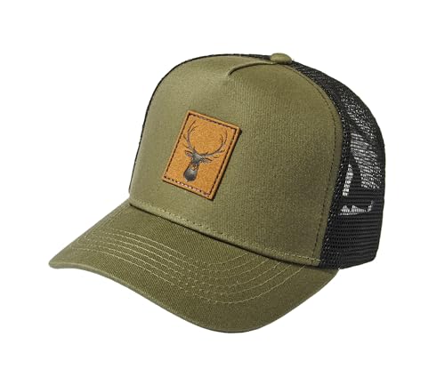 Kinder Trucker Cap : Hirsch (Patch) - Basecap Jagd Jungen - Jungjäger - Wander Mütze (Olivgrün-Schwarz) von Baddery