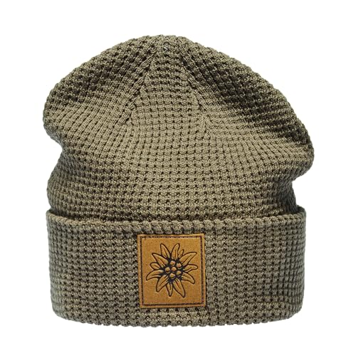 Organic Cotton Strickmütze: Edelweiß mit Leder Patch - Bio Baumwolle Beanie Wintermütze für Herren & Damen - Berg-steigen Klettern Bouldern Sport Wandern Jäger Jagd Jägermütze (One Size - Grün) von Baddery