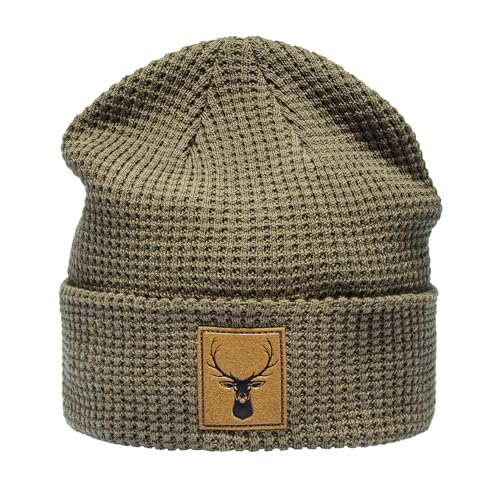 Baddery Organic Cotton Strickmütze: Hirsch mit Leder Patch - Bio Baumwolle Beanie Wintermütze für Herren & Damen - Bergsteigen Klettern Bouldern Sport Wandern Jäger Jagd Jägermütze (One Size - Grün) von Baddery