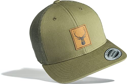 Outdoor Cap Flexfit Snapback : Hirsch (Leder-Patch) - Kappe Herren & Damen - Kletter Ausrüstung Wander Zubehör (Trucker) von Baddery
