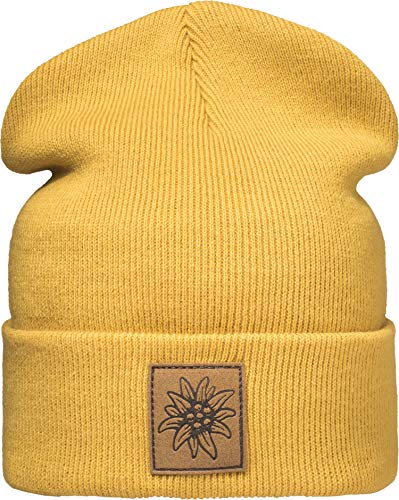 Outdoor Strickmütze: Edelweiß mit Leder Patch - Berg-steigen Klettern Bouldern Sport Wandern Gebirgsjäger Bundeswehr Wintermütze Beanie Mütze Damen & Herren Frau-en & Männer Geschenk (One Size Gelb) von Baddery