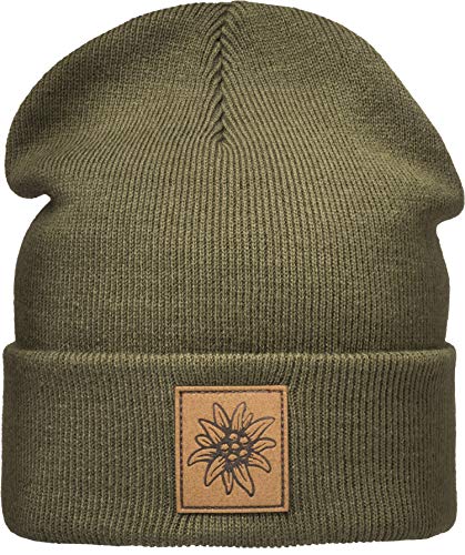 Baddery Outdoor Strickmütze: Edelweiß mit Leder Patch - Bergsteigen Klettern Bouldern Sport Wandern Gebirgsjäger Bundeswehr Wintermütze Beanie Mütze Damen & Herren Geschenk (One Size Grün) von Baddery