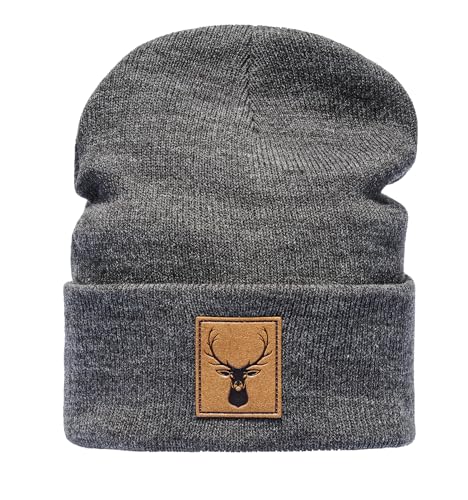 Outdoor Strickmütze: Hirsch mit Leder Patch - Berg-steigen Klettern Sport Wandern Jäger Jagd Jägermütze Wintermütze Beanie Mütze Damen & Herren Frau-en & Männer Geschenk (One Size - Grau) von Baddery