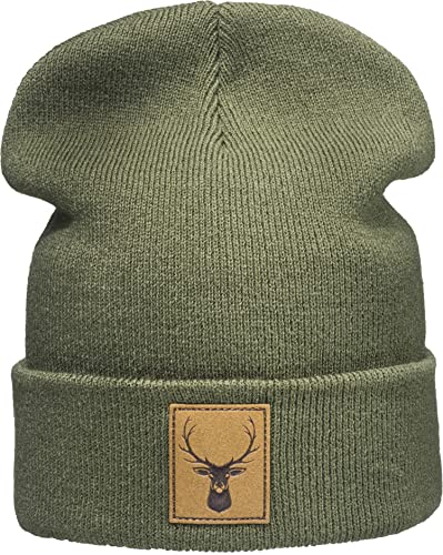 Outdoor Strickmütze: Hirsch mit Leder Patch - Berg-steigen Klettern Sport Wandern Jäger Jagd Jägermütze Wintermütze Beanie Mütze Damen & Herren Frau-en & Männer Geschenk (One Size - Grün) von Baddery