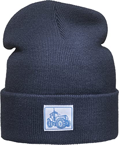 Patch Strickmütze für Kinder: Traktor - Trecker Bauernhof Bagger Baustelle LKW Schlepper - Strickmütze Wintermütze Warme Beanie Kappe Kopfbedeckung Geschenk für Junge Jungen & Mädchen (Navy) von Baddery