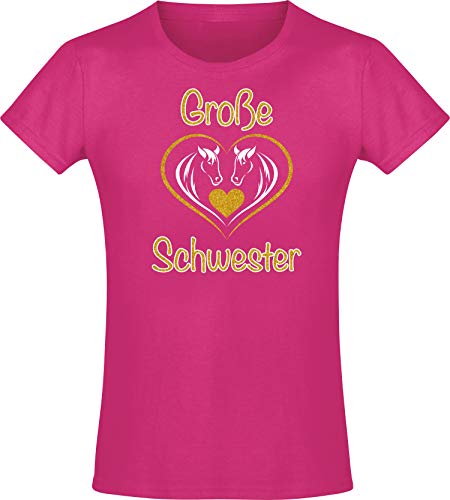 Baddery Pferde T-Shirt Mädchen - Große Schwester - Pferd Tshirt - Reiterin Geschenk Reitbekleidung Kinder (Fuchsia 128) von Baddery