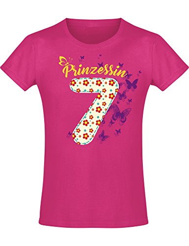 Geburstagsgeschenk für Mädchen : 7 Jahre mit Blumen - Mädchen Tshirt - Geburtstagsshirt - Mäddchen T-Shirt (Fuchsia 140) von Baddery