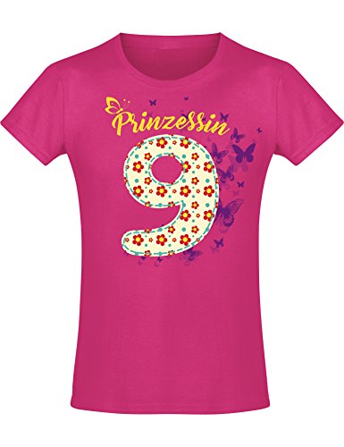 Geburstagsgeschenk für Mädchen : 9 Jahre mit Blumen - Mädchen Tshirt - Geburtstagsshirt - Mäddchen T-Shirt (Fuchsia 140) von Baddery