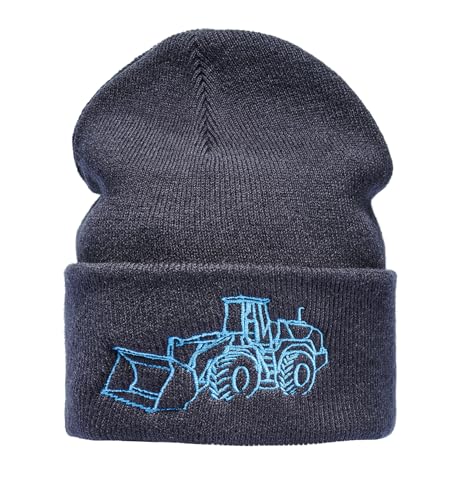 Baddery Strickmütze für Kinder: Radlader - Raupe Bagger Baustelle LKW Traktor - Wintermütze Warme Mütze Beanie Kappe Geschenk für Junge Jungen & Mädchen (One Size - Blau) von Baddery