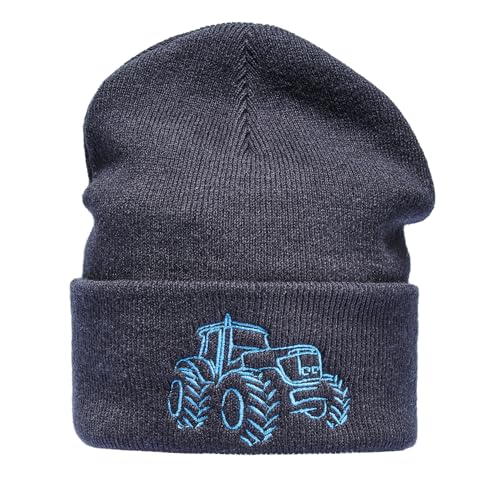 Strickmütze für Kinder: Traktor - Trecker Bauernhof Bagger Baustelle LKW Schlepper - Strickmütze Wintermütze Warme Mütze Beanie Kappe Geschenk für Junge Jungen & Mädchen (One Size - Blau) von Baddery