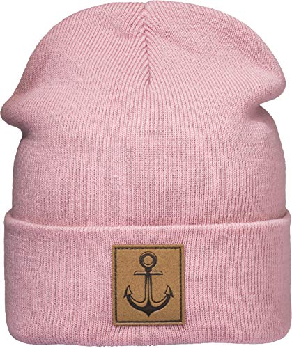 Baddery Strickmütze: Anker mit Leder Patch - Wollmütze Winter-Mütze - Seemann - Herren Damen Jungen Mädchen Kinder - Angler Kapitän Mütze - Streetwear Urban Geschenk (One Size Rosa) von Baddery