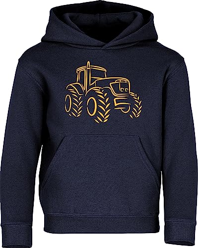 Traktor Pullover für Jungen - Trecker Hoodie Kinder - Bauernhof Pulli Junge (Navy 116 - Druck: Gelb) von Baddery