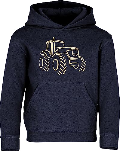 Traktor Pullover für Jungen - Trecker Hoodie Kinder - Bauernhof Pulli Junge (Navy 128 - Druck: Beige) von Baddery