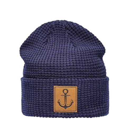 Unisex Organic Cotton Beanie : Anker (Leder Patch) - Trawler Mütze Herren Winter - Bio Baumwolle Docker Strickmütze Damen (One Size - Navy) von Baddery