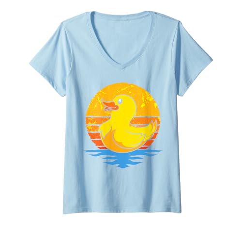 Damen Retro Sonnenuntergang Gummiente Badeente Quietscheente T-Shirt mit V-Ausschnitt Damen Retro Sonnenuntergang Gummiente Badeente Quietscheente T-Shirt mit V-Ausschnitt von Badewanne Quietscheentchen Geschenk