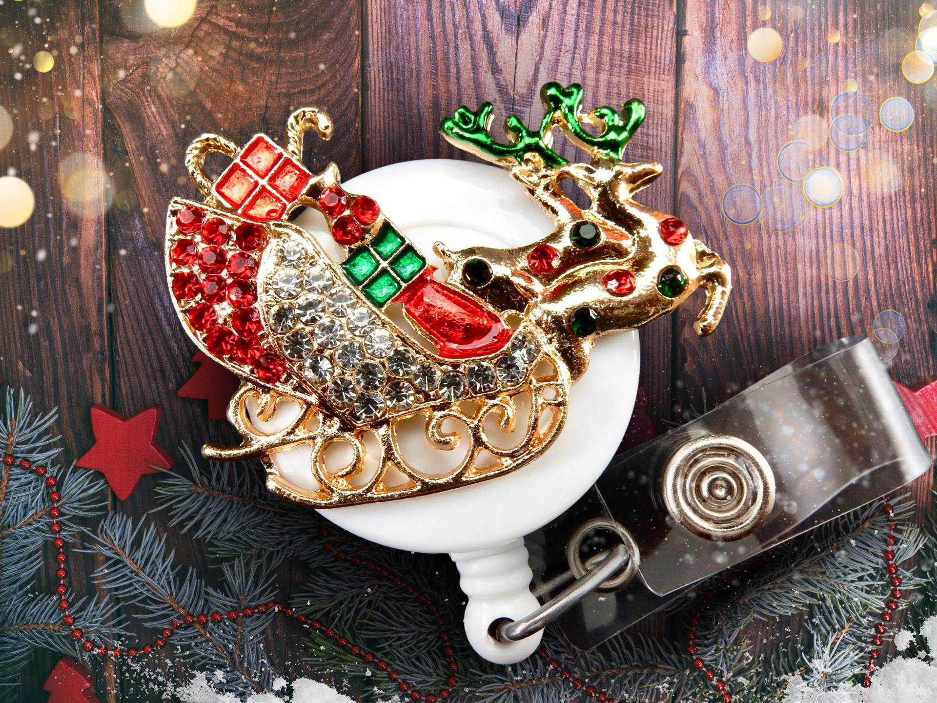 Weihnachten Ausweishalter - Rentierschlitten Strass Einziehbarer Für Krankenschwester Oder Büroangestellte von BadgeAlleybyGerAnne