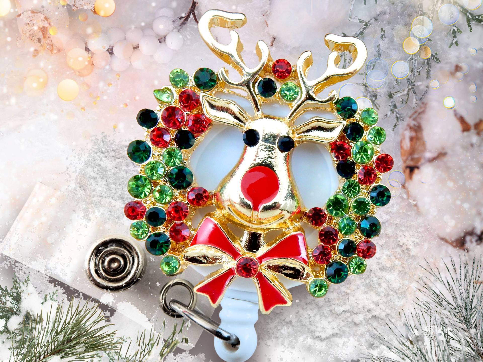 Weihnachten Namensschild Reel - Rentier Kranz Strass Einziehbarer Ausweishalter Für Krankenschwestern von BadgeAlleybyGerAnne
