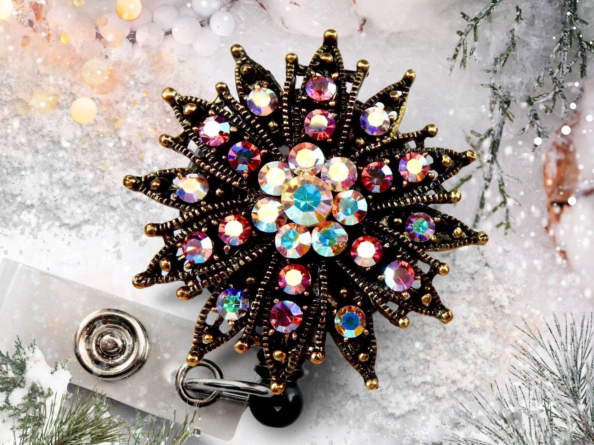 strass Schneeflocke Clip Für Ausweise - Weihnachtsschneeflocke Einziehbarer Ausweishalter von BadgeAlleybyGerAnne