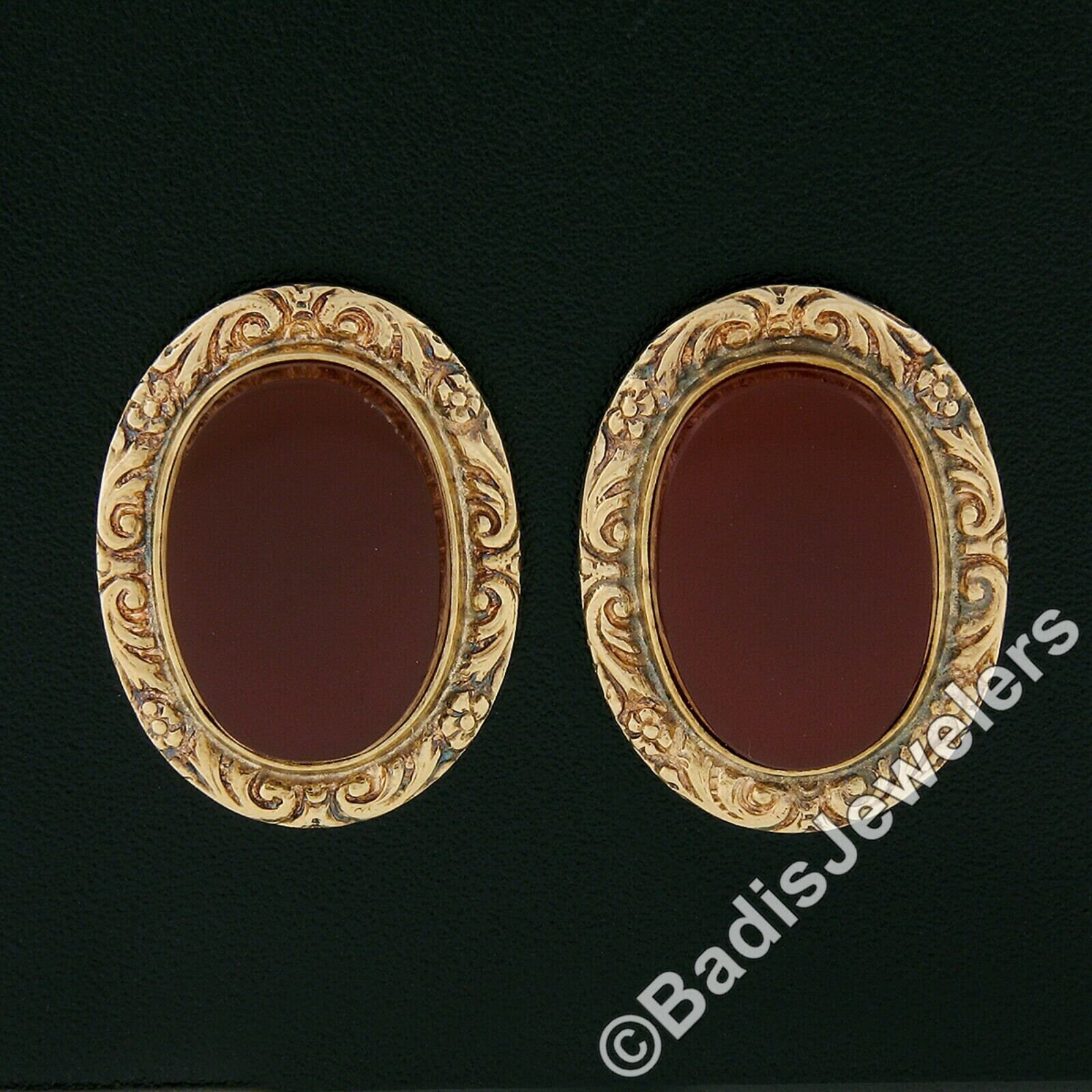 Antike Jugendstil 14K Gelbgold Oval Schliff Lünette Set Karneol Mit Repousse Arbeit Rahmen Knopf Ohrringe Schmetterling Verschlüssen von BadisJewelers