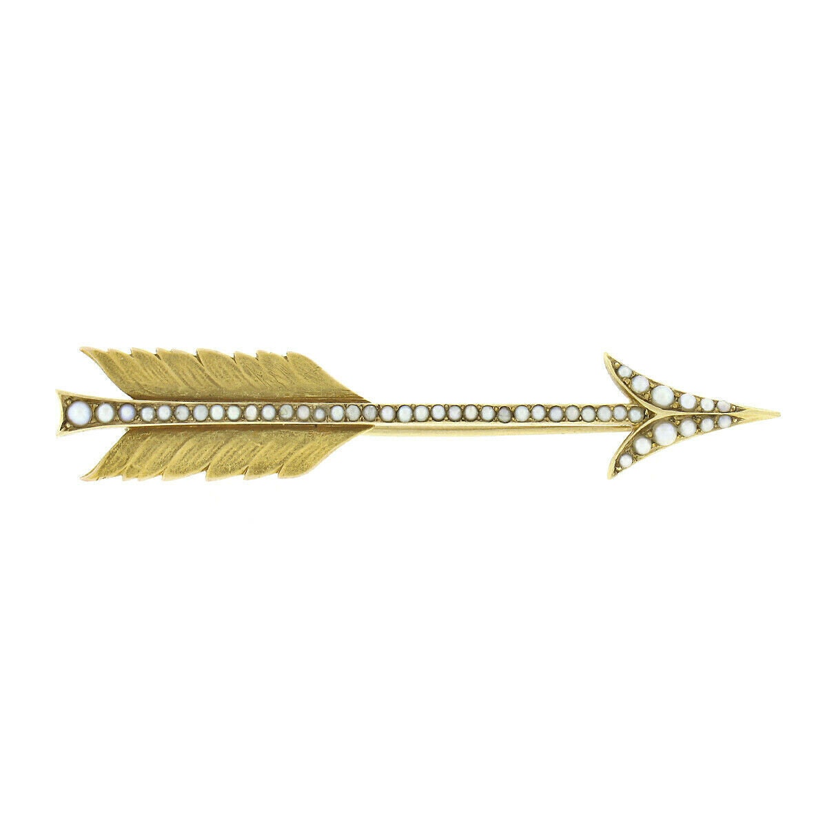 Antike Jugendstil Unglaubliche Massive 14K Gelbgold Detailreiche Saatperle Pfeil Edel Pin Brosche in Ausgezeichnetem Zustand von BadisJewelers