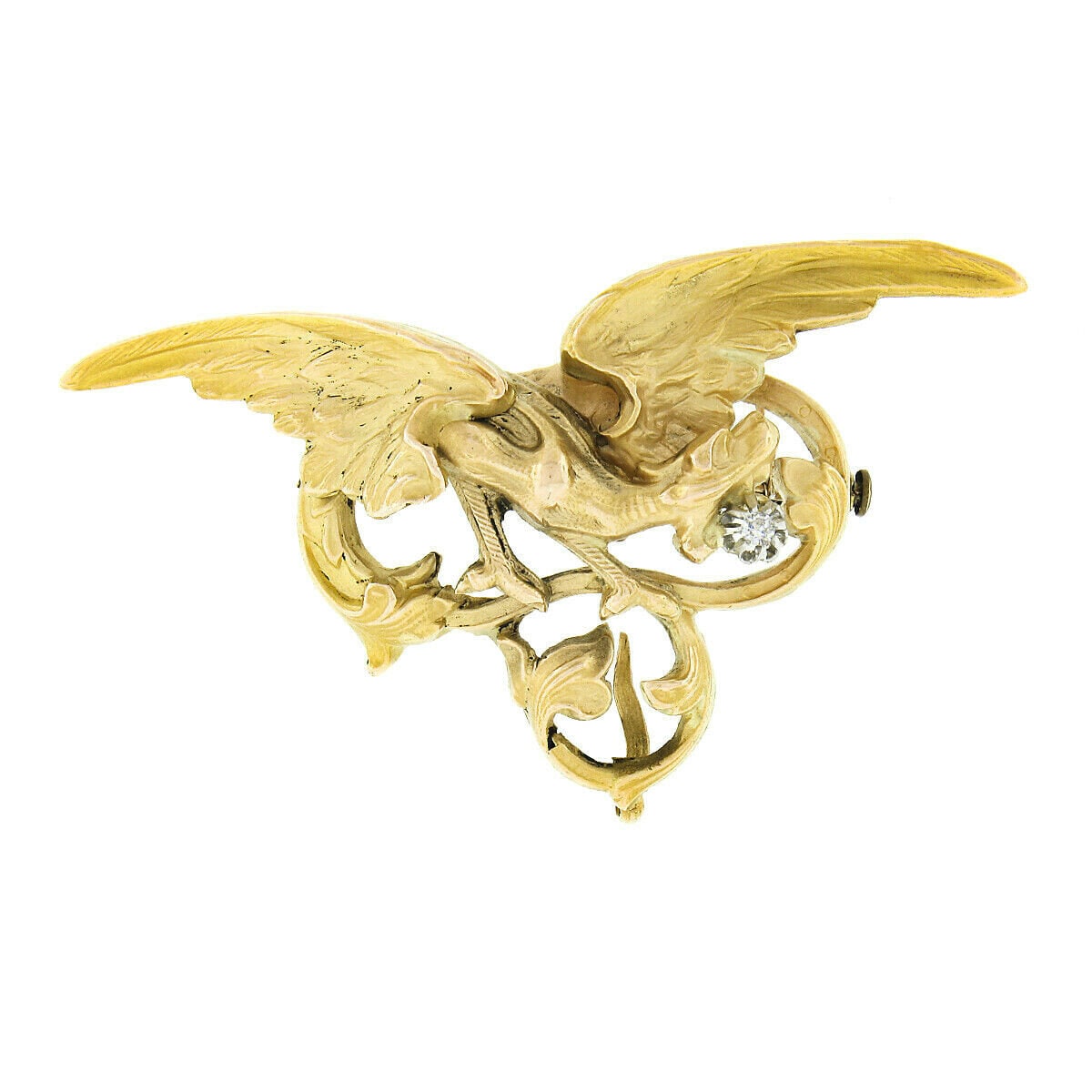 Antiker Jugendstil 14K Gelbgold Große Detaillierte 3D Drache Mit 0.04Ctw Alte Single Cut Diamant Strukturierte Pin Brosche in Ausgezeichnetem Zustand von BadisJewelers