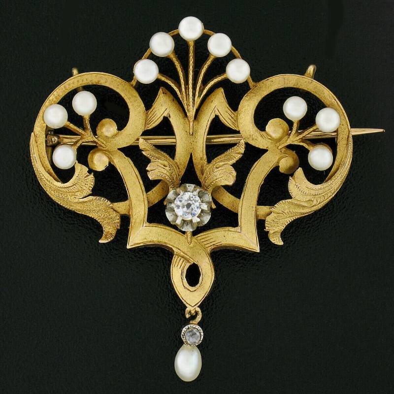 Antiker Jugendstil 18K Gelbgold 0.10Ctw Altschliff Diamant & Saatperle Baumeln Matt Strukturiertes Finish Offene Arbeit Pin Brosche Anhänger with von BadisJewelers