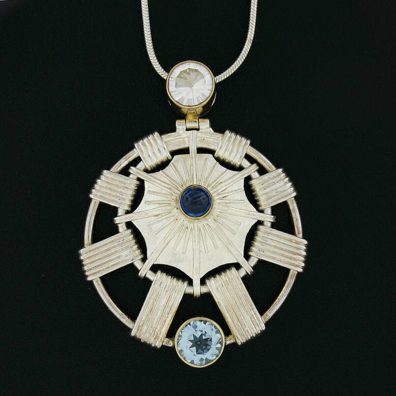 Designer Michou .925 Sterling Silber Lünette Set Multi Edelstein Offene Gerippte Scheibe Anhänger Mit Verstellbare 18" Bis 16" Schlangenkette von BadisJewelers
