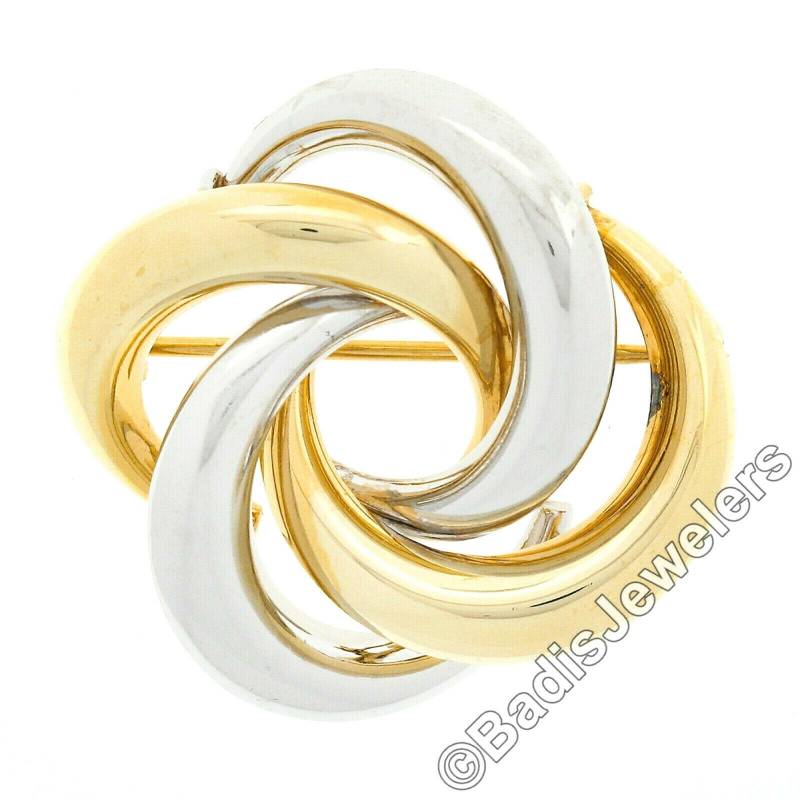 Elegante 14K Tow Tone Gelb & Weißgold Poliert Finish Puffed Infinity Liebe Knoten Pin Brosche in Ausgezeichnetem Zustand von BadisJewelers