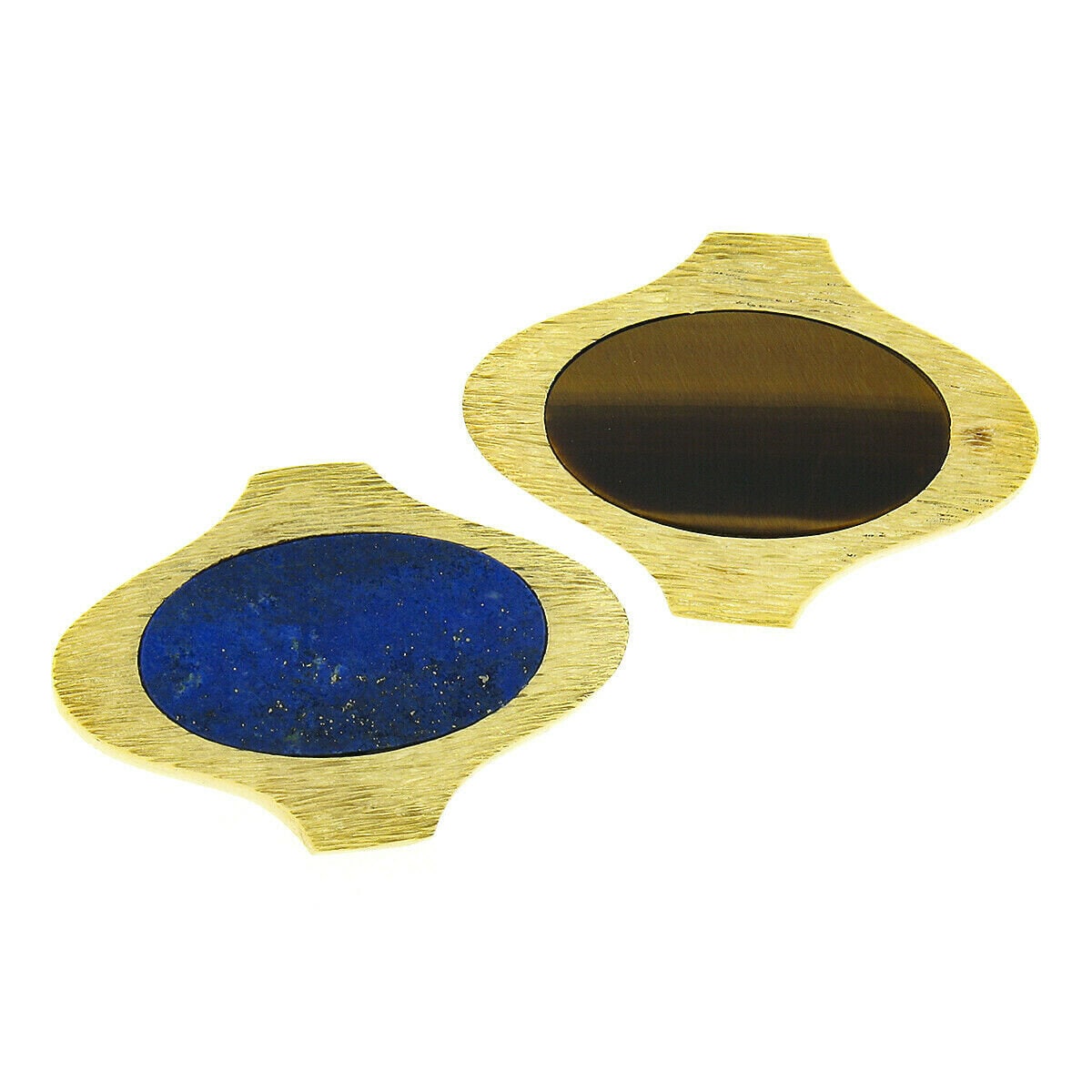 Großes Vintage 14K Gelbgold Poliertes Oval Geschnittenes Einsteckset Tigerauge & Lapis Strukturierte Manschettenknüpfe Mit Original Finish Und von BadisJewelers