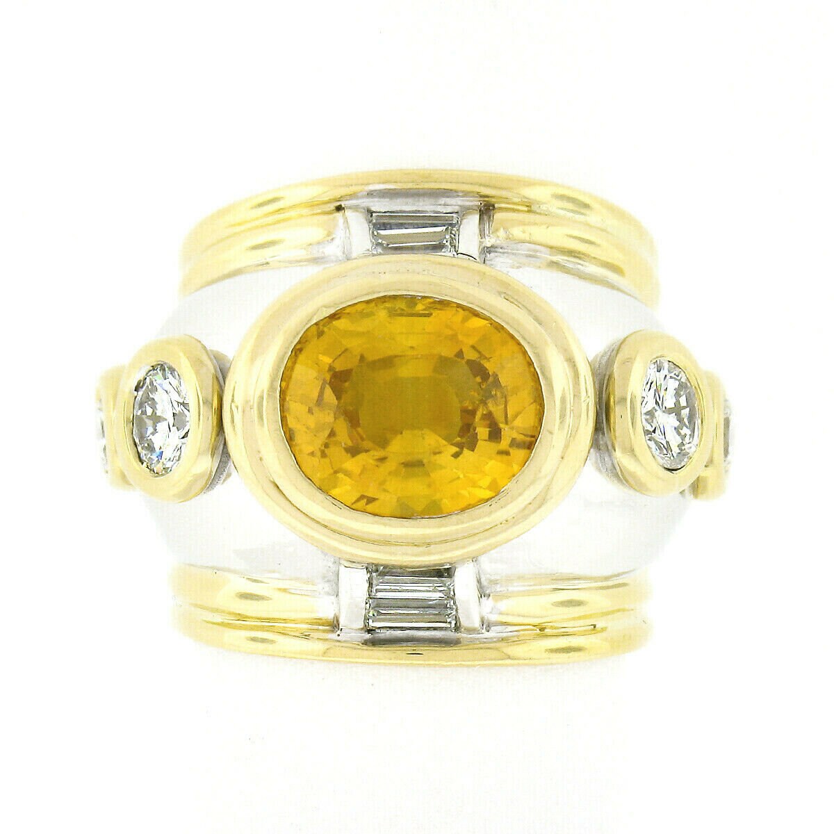 Jahrgang 18K Zwei Ton Gold Gia Zertifiziert 3, 69Ctw Oval Orange Gelb Lünette Saphir Solitär & Diamant Einzigartige Domed Statement Cocktail Ring von BadisJewelers